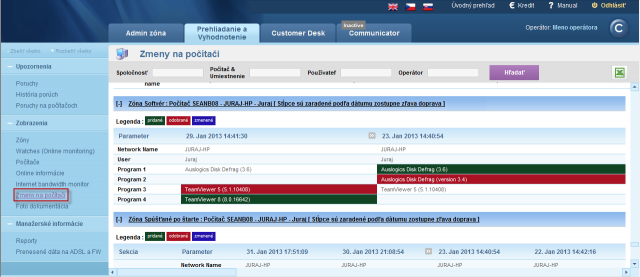 View of changes on the PC for the zone Software