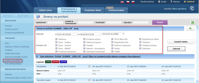 View of changes on the computer with an option to filter it to a concrete zone