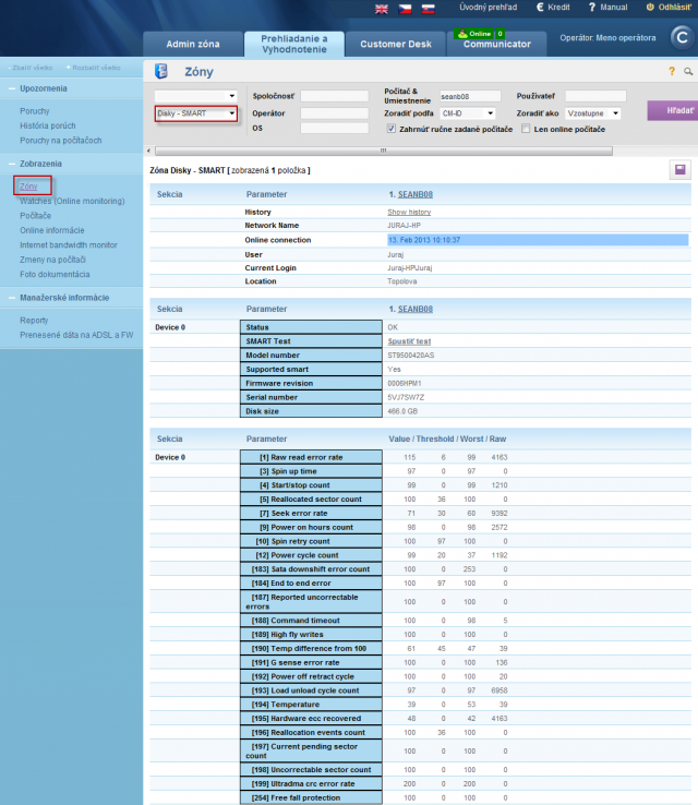 View of the current state of S.M.A.R.T parameters for a specific computer