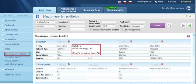 View of zones of computers deleted from the CM portal